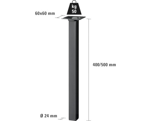 Noha stola s rozmermi 60 x 60 milimetrov a nosnosťou 50 kilogramov.