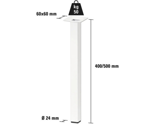 Technický nákres nohy nábytku s rozmermi 60x60 mm, priemerom 24 mm a výškou 400 až 500 mm, nosnosť 50 kg.