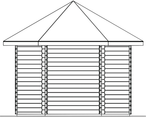Ilustrácia záhradného domčeka s pyramídovou strechou.