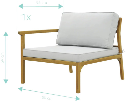 Záhradné kreslo s opierkou na ruky z dreva s vankúšmi a rozmermi