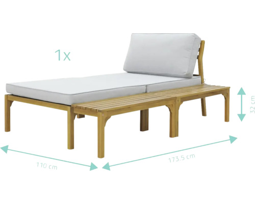 Záhradné ležadlo s podnožkou z dreva a polstrovaním, rozmery sú zobrazené