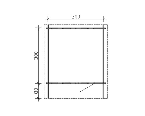 Technický nákres kovového regálu s rozmermi 300 x 300 x 80