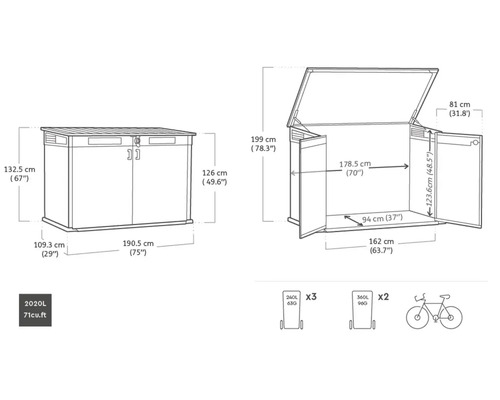 Obrázok s rozmermi úložného boxu Keter StoreBox