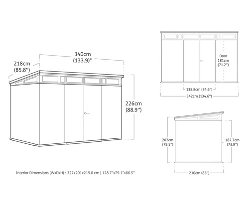 Technický nákres záhradného domčeka s rozmermi