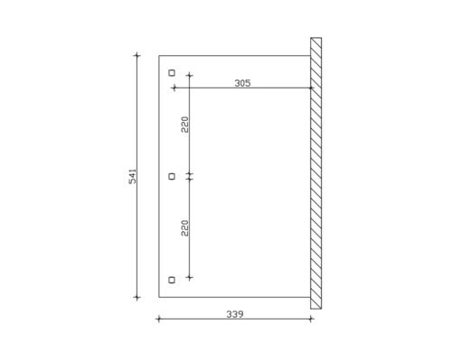 Technický výkres s rozmermi pre montáž na stenu, rozmery 541 x 339 mm.