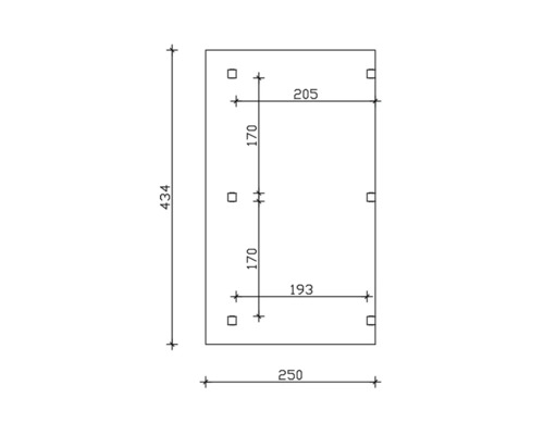 Technický nákres s rozmermi obdĺžnikového výrobku: výška 434 mm, šírka 250 mm, rozstup otvorov 170 mm a 205 mm