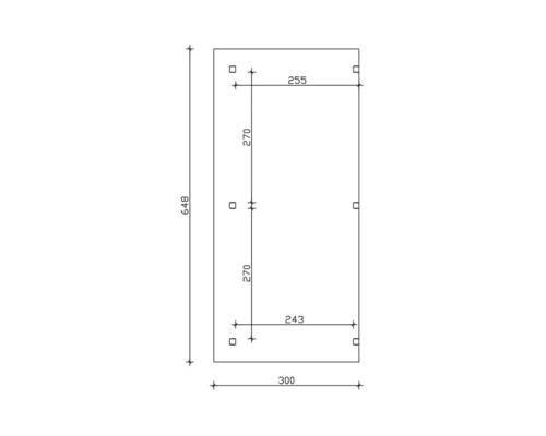 Technický výkres s rozmermi: dĺžka 648, šírka hore 255, šírka dole 243, celková šírka 300, vzdialenosť upevňovacích bodov 270.