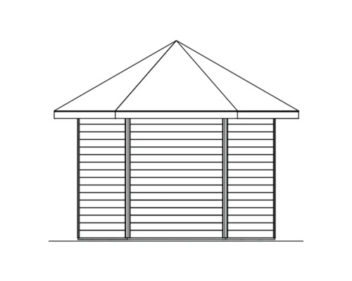 Obrázok záhradného domčeka s drevenými stenami a strechou v tvare pyramídy