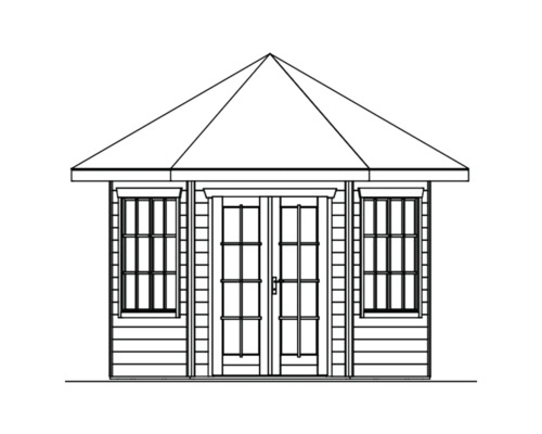 Ilustrácia záhradného domčeka s dvojkrídlovými dverami a oknami