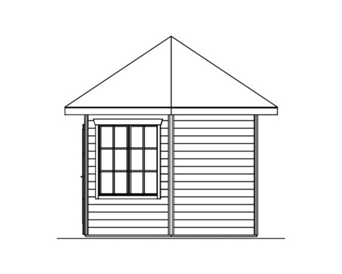 Bočný pohľad na záhradný domček s oknom a sedlovou strechou