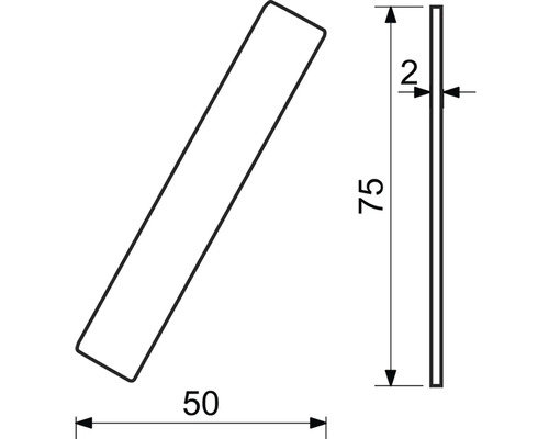 Technický nákres lišty s rozmermi 75 x 50 x 2 milimetre