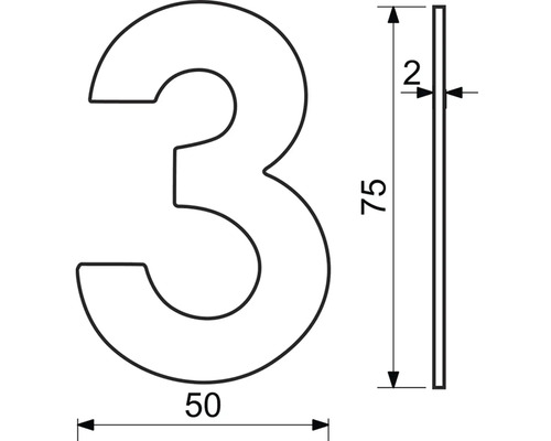 Rozmery domového čísla tri: 75 mm vysoké, 50 mm široké a 2 mm hrubé.