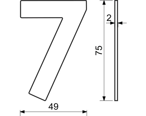 Rozmery domového čísla 7: výška 75 mm, šírka 49 mm, hrúbka 2 mm