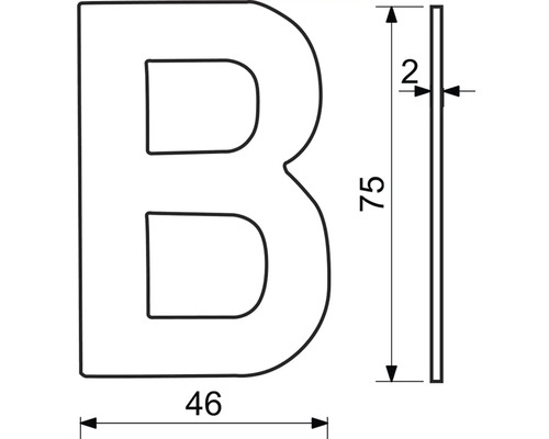 Technický nákres písmena B s rozmermi.