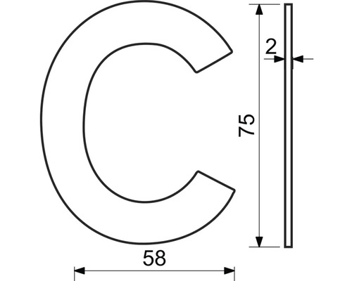 Technický výkres Písmeno C s rozmermi 75, 58 a 2 milimetre