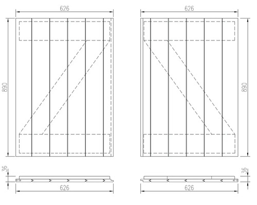 Technický nákres drevených dverí s rozmermi 626 x 890 milimetrov