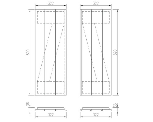Technický nákres dvoch drevených dverí s rozmermi 890 x 322 mm