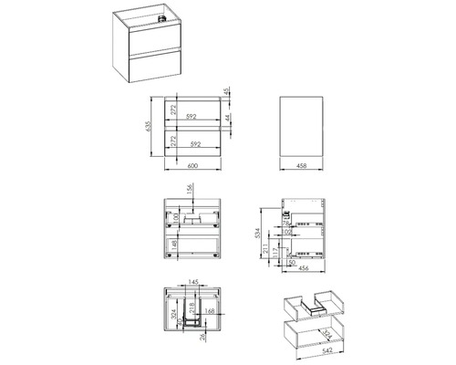 Technický nákres kúpeľňovej skrinky pod umývadlo s rozmermi