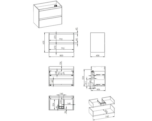 Technický nákres skrinky pod umývadlo s rozmermi