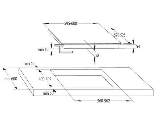 Montážny nákres varnej dosky s rozmermi.