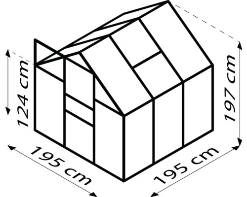 Nákres skleníka s rozmermi 195 x 195 x 124/197 centimetrov