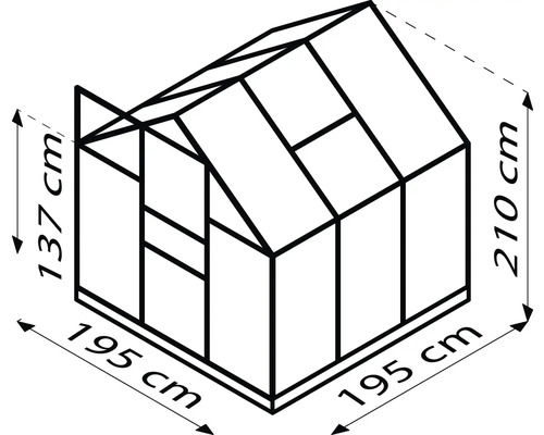 Obrázok skleníka s rozmermi 195 cm šírka, 137 cm výška strany a 210 cm celková výška.