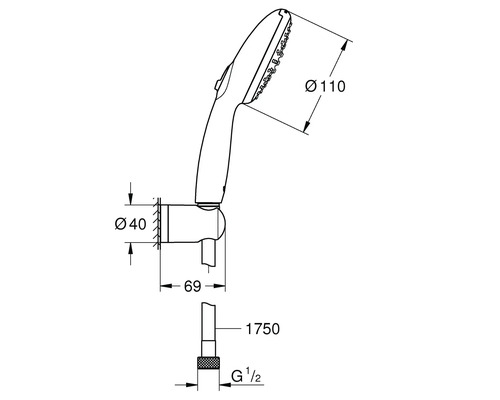Technický nákres ručnej sprchy s rozmermi