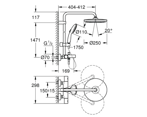 Technický nákres sprchového systému s rozmermi