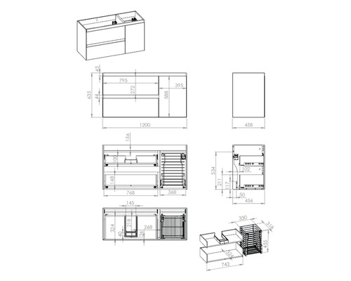 Technický nákres skrinky pod umývadlo s rozmermi