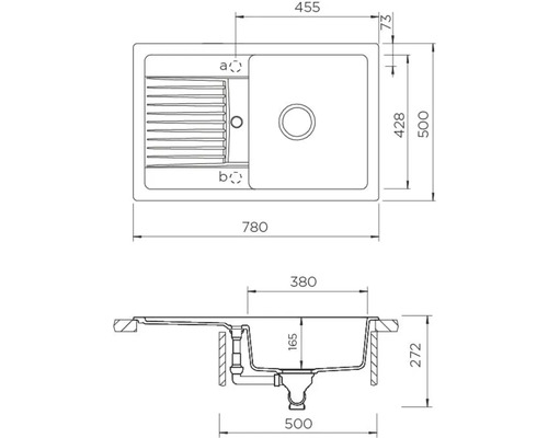 Technický nákres kuchynského drezu s rozmermi