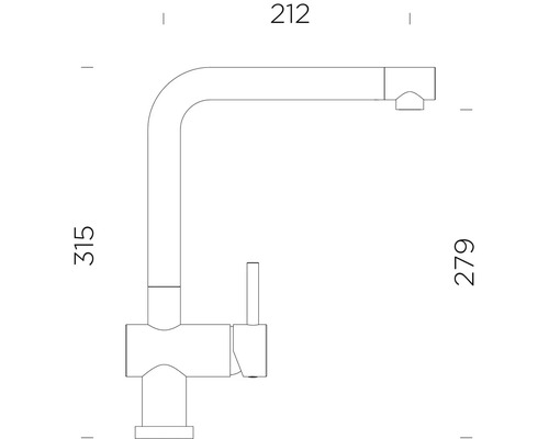Technický nákres kuchynskej batérie s rozmermi