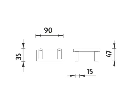 Technický nákres nábytkovej úchytky s rozmermi 90, 35, 47 a 15 milimetrov.