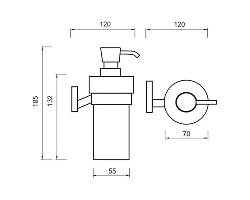 Technický nákres dávkovača mydla s nástenným držiakom a rozmermi