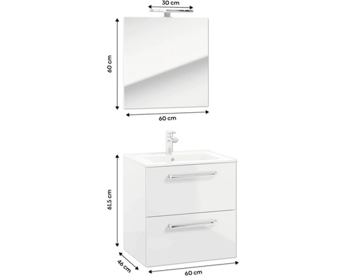 Umyvadlová zostava so zrkadlom, spodnou skrinkou a dvomi zásuvkami, rozmery sú uvedené