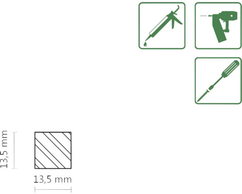 Symbolický obrázok pre spracovanie s lepidlom, klincovačkou a skrutkovačom a tiež špecifikácia rozmerov 13,5 mm.