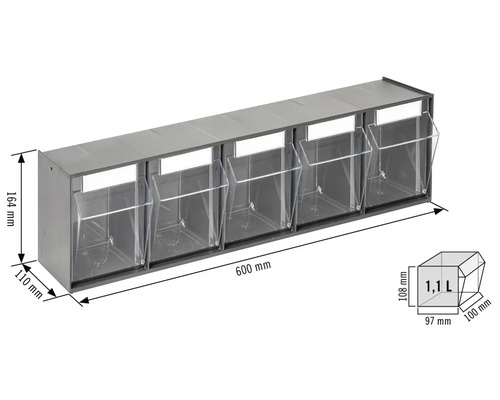 Regál so šiestimi priehľadnými zásobníkmi na montáž na stenu, zobrazené rozmery