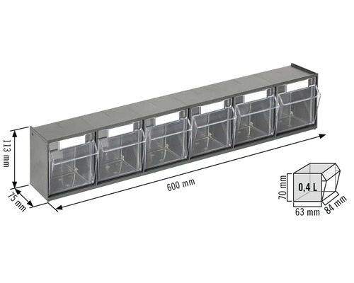 Úložný regál s piatimi priehľadnými boxami a rozmermi
