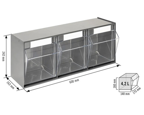 Tri priehľadné násypné boxy s rozmermi 600 x 242 x 163 milimetrov a objemom 4,2 litra