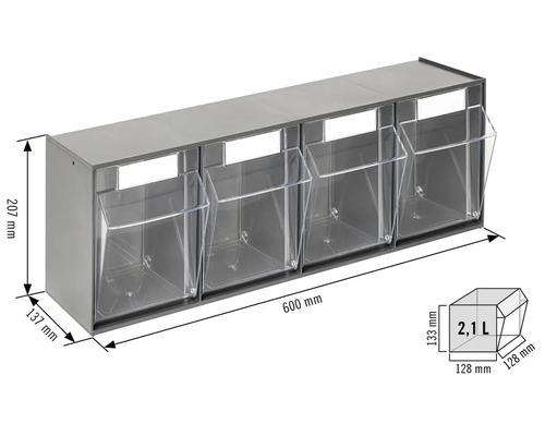 Regál so štyrmi priehľadnými boxami a rozmermi