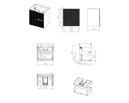 Technický výkres kúpeľňovej skrinky s rozmermi