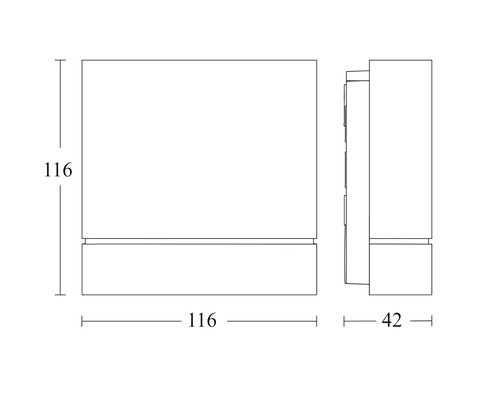 Technický nákres obdĺžnikového nástenného svietidla s rozmermi 116 x 116 x 42 milimetrov