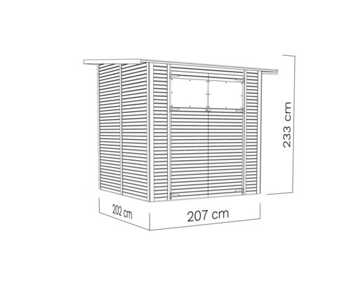 Ilustrácia záhradného domčeka s oknom a rozmermi 233 x 202 x 207 cm.