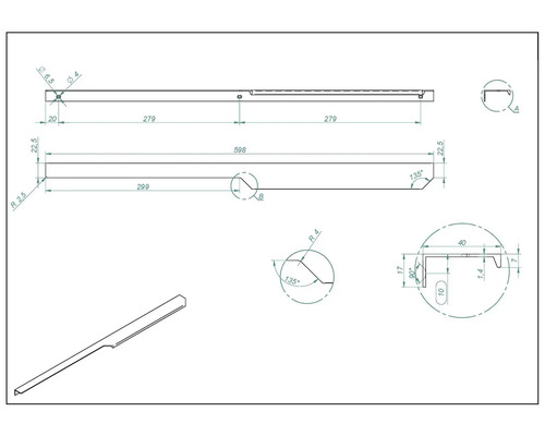 Technický nákres kovového profilu s rozmermi.