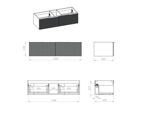 Nákres skrinky pod umývadlo s rozmermi