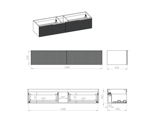 Technický nákres skrinky pod umývadlo s rozmermi