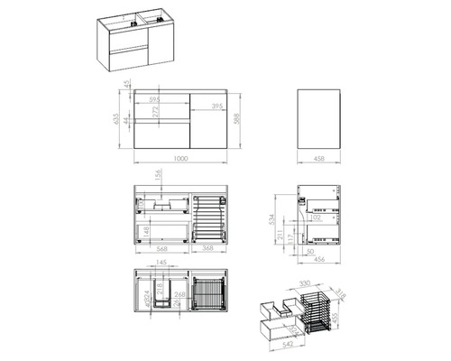 Technický nákres skrinky pod umývadlo s rozmermi.
