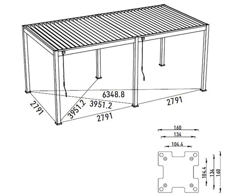 Technický nákres pergoly s rozmermi.