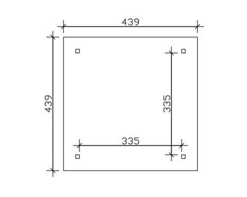 Technický výkres štvorcovej dosky s rozmermi 439 x 439 a vŕtania vo vzdialenosti 335