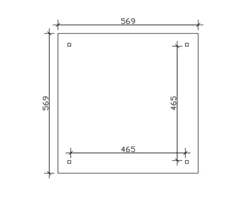 Technický nákres štvorcovej dosky s rozmermi 569 krát 569 milimetrov a vnútorné štvorcové značenie 465 krát 465 milimetrov.