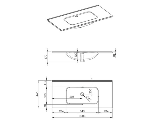Technický nákres umývadlovej dosky s rozmermi